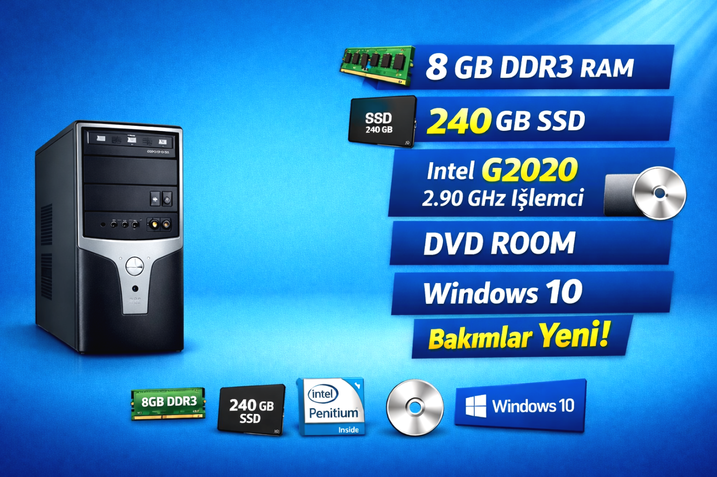 8gb ram ddr3 240 ssd g2020 cpu 2.90 ghz win 10 ofis ve egitim icin ideal