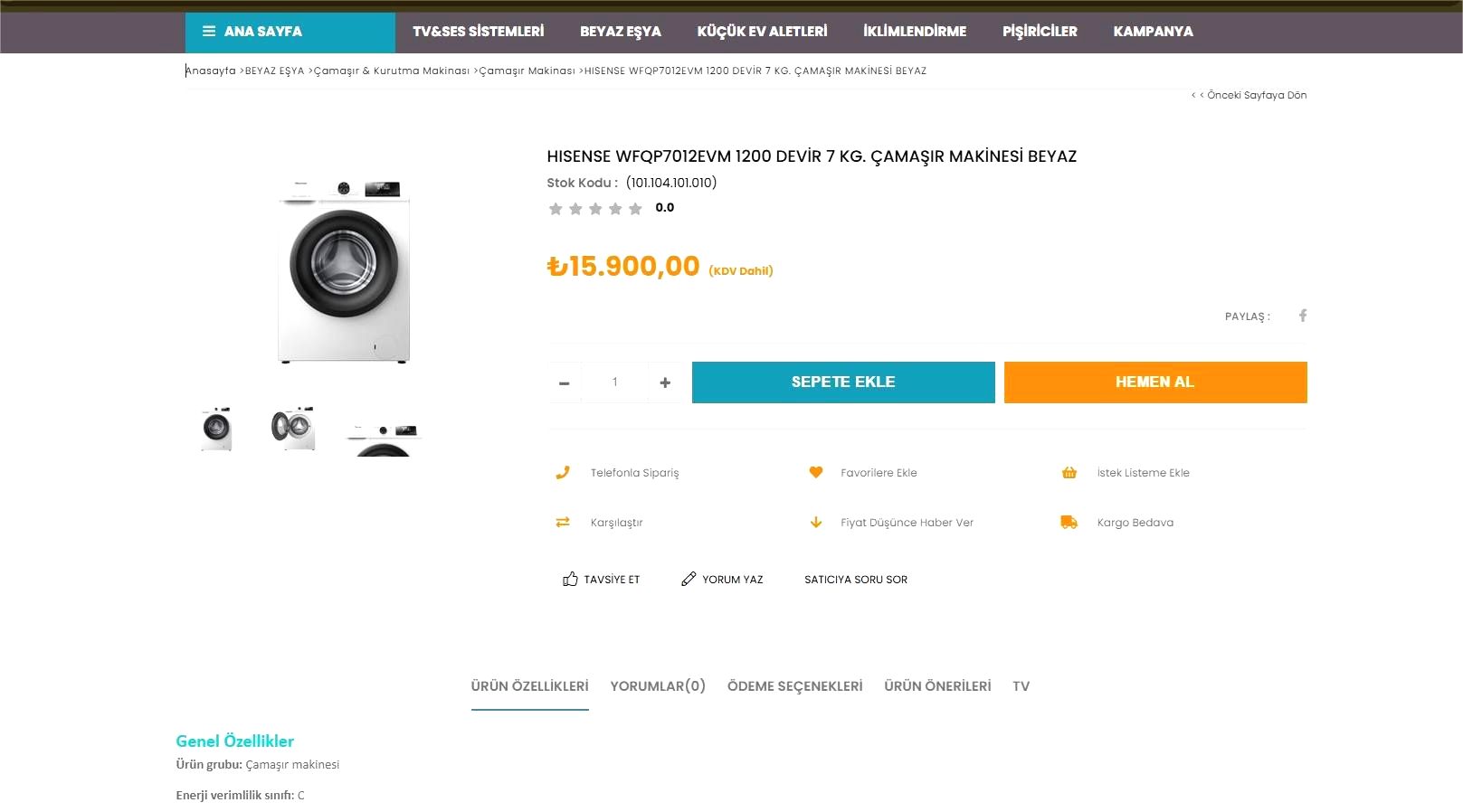 HISENSE WFQP7012EVM 1200 DEVİR 7 KG.  ÇAMAŞIR MAKİNESİ BEYAZ